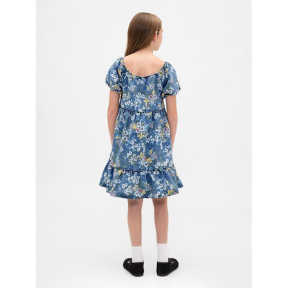 Girls' Denim Puff-Sleeve Floral Dress