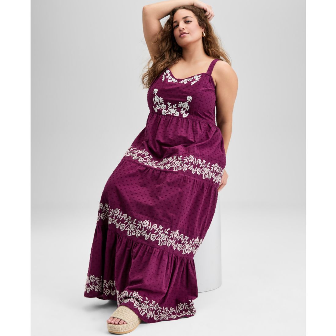 And Now This Trendy Plus Size Cotton Swiss Dot Embroidered Maxi Dress, Exclusively at Macy's