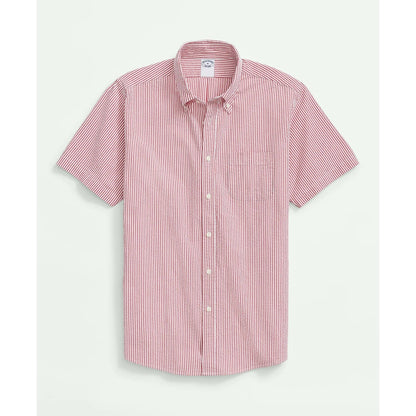 Washed Cotton Seersucker Button-Down Collar, Stripe Short-Sleeve Sport Shirt