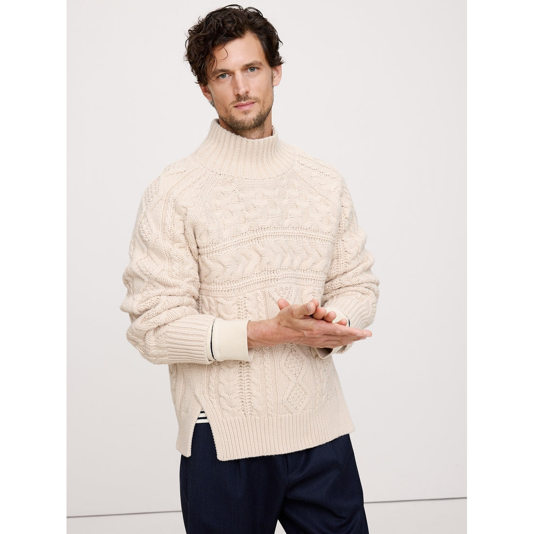 Men's Merino-Cotton Cable-Knit Sweater