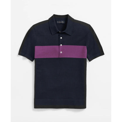 Luxe Short Sleeve Polo Sweater In Striped Cotton-Cashmere