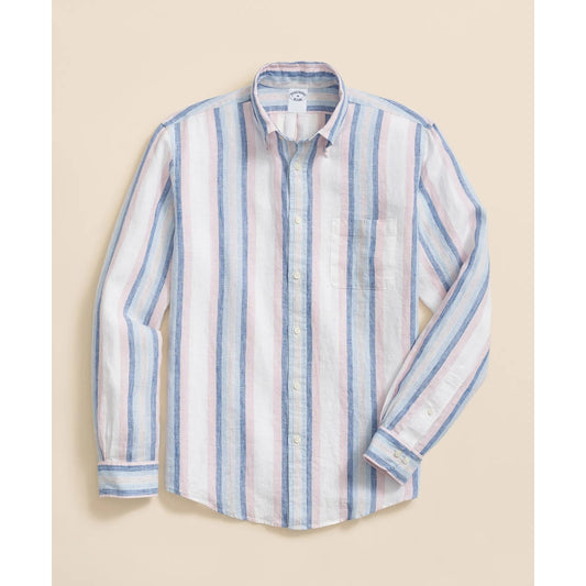 Irish Linen Polo Button Down Collar, Awning Stripe Shirt