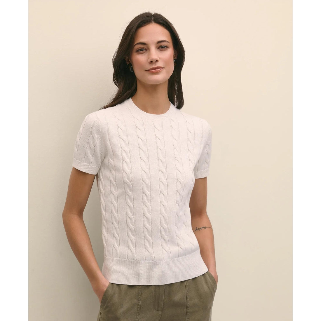 Supima Cotton Cable Short-Sleeve Sweater Shell