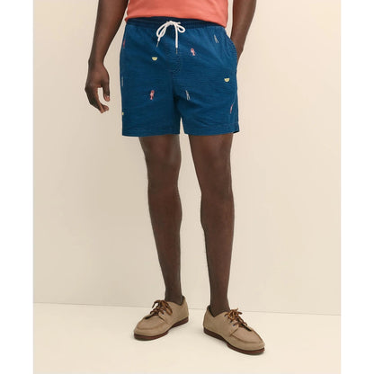 6" Cotton Seersucker Embroidered Lobster Motif Friday Shorts