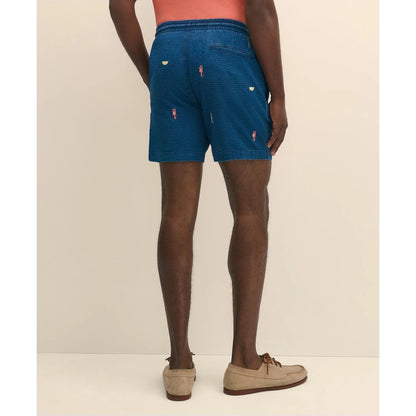 6" Cotton Seersucker Embroidered Lobster Motif Friday Shorts