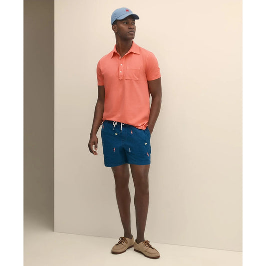 6" Cotton Seersucker Embroidered Lobster Motif Friday Shorts