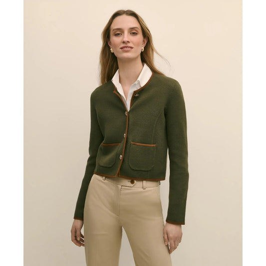 Brushed Merino Wool Suede Trim Sweater Jacket