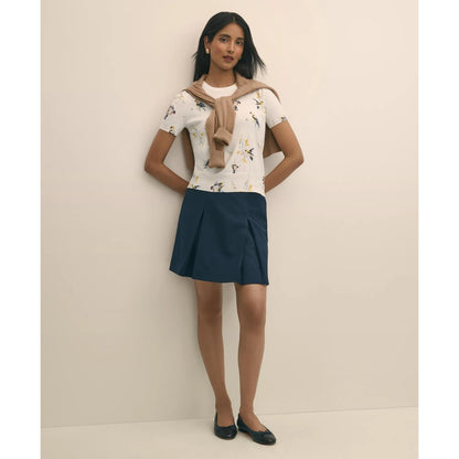Cotton Short-Sleeve Sweater Shell in Bird Print