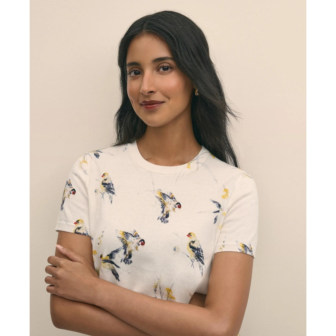 Cotton Short-Sleeve Sweater Shell in Bird Print