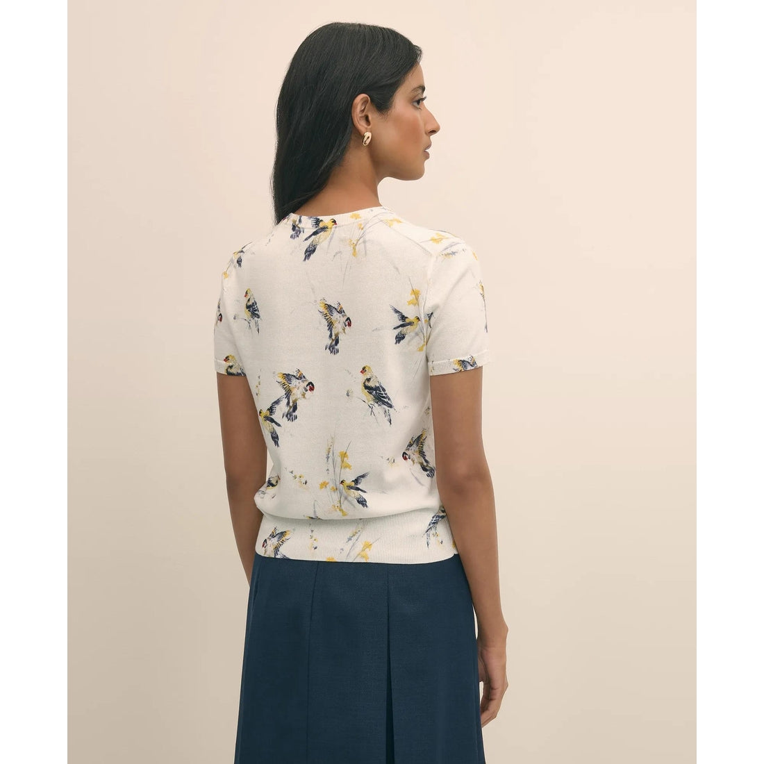 Cotton Short-Sleeve Sweater Shell in Bird Print