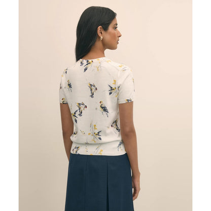 Cotton Short-Sleeve Sweater Shell in Bird Print