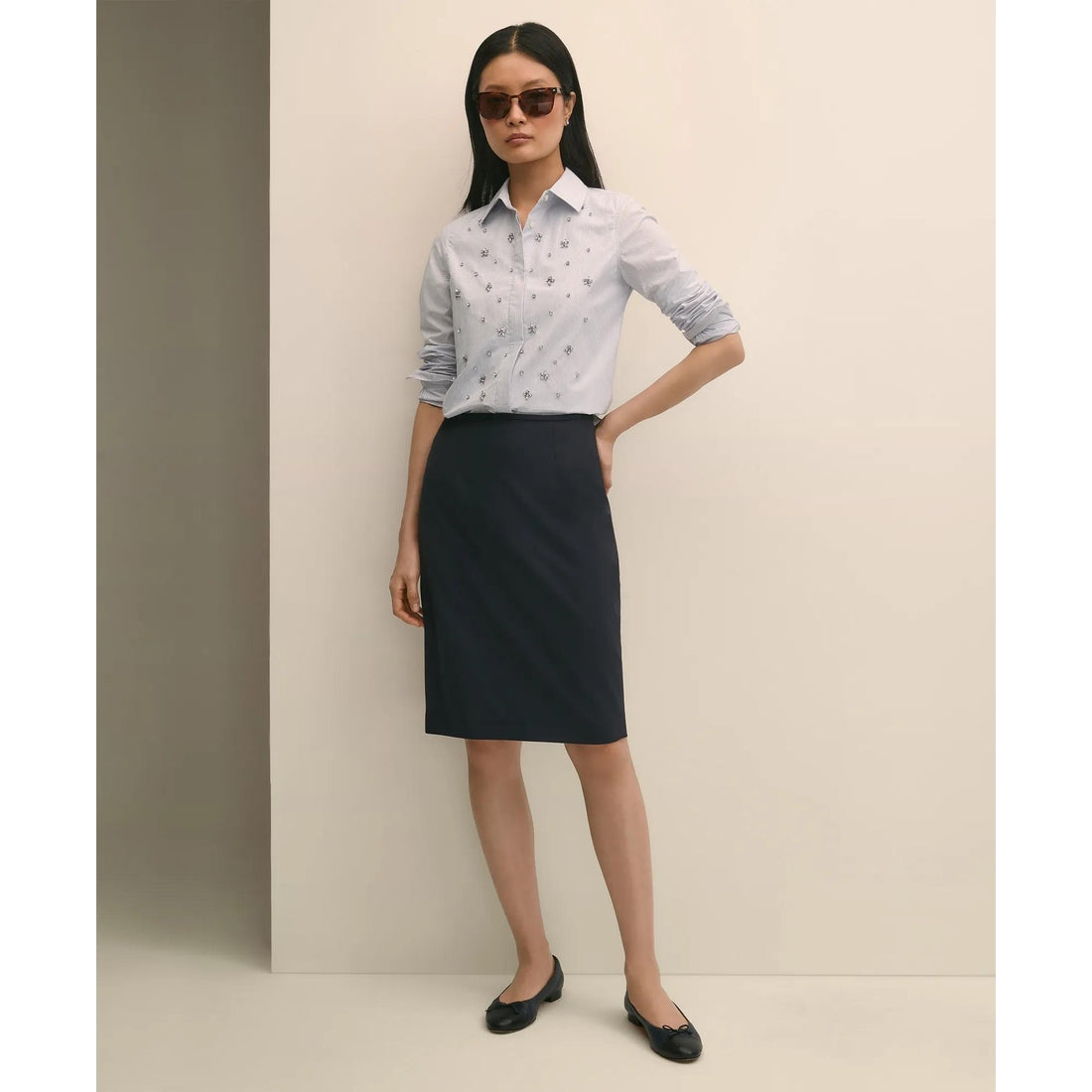 Cotton Poplin Pinstripe Embellished Shirt