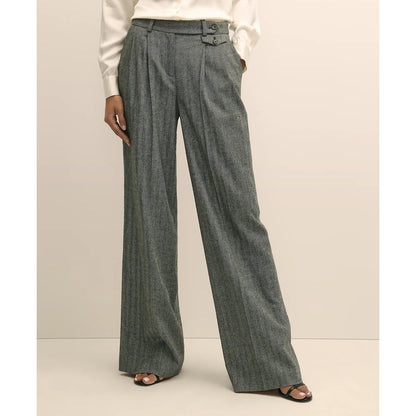 Wool Blend Pleated Herringbone Wide-Leg Pant