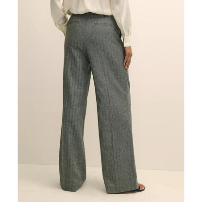 Wool Blend Pleated Herringbone Wide-Leg Pant