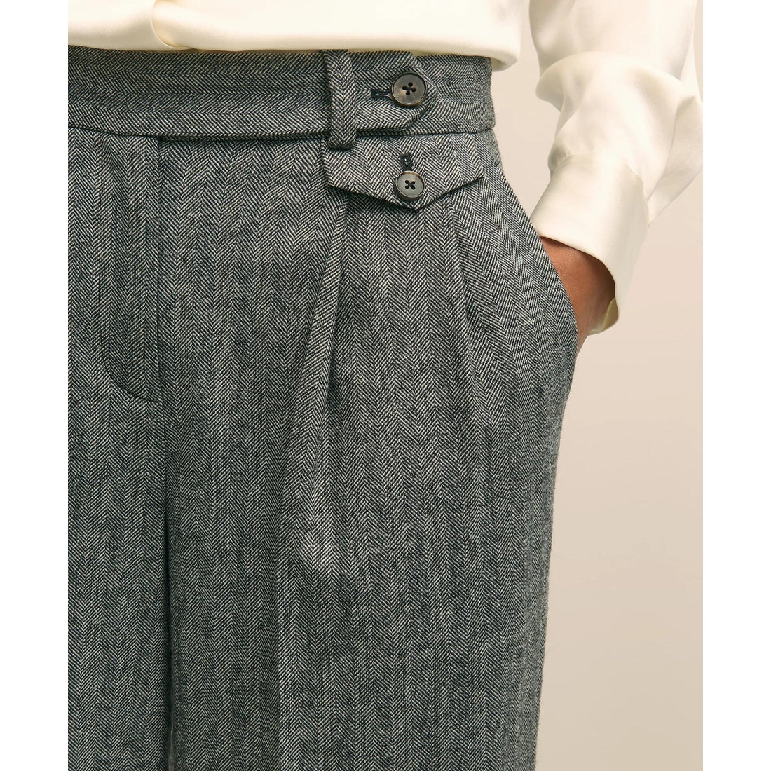 Wool Blend Pleated Herringbone Wide-Leg Pant