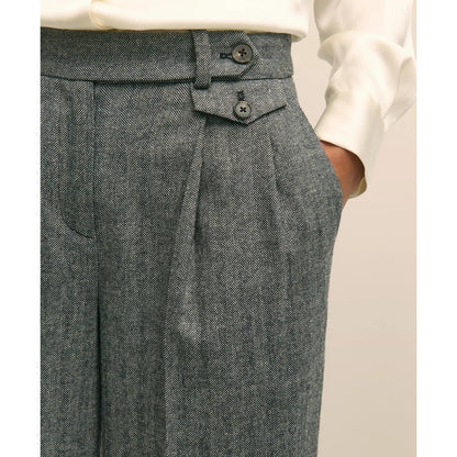 Wool Blend Pleated Herringbone Wide-Leg Pant