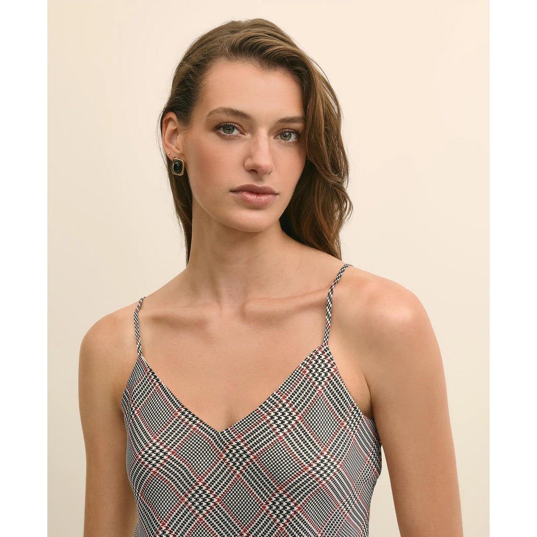 V-Neck Glen Plaid Print Camisole in Washable Silk Charmeuse