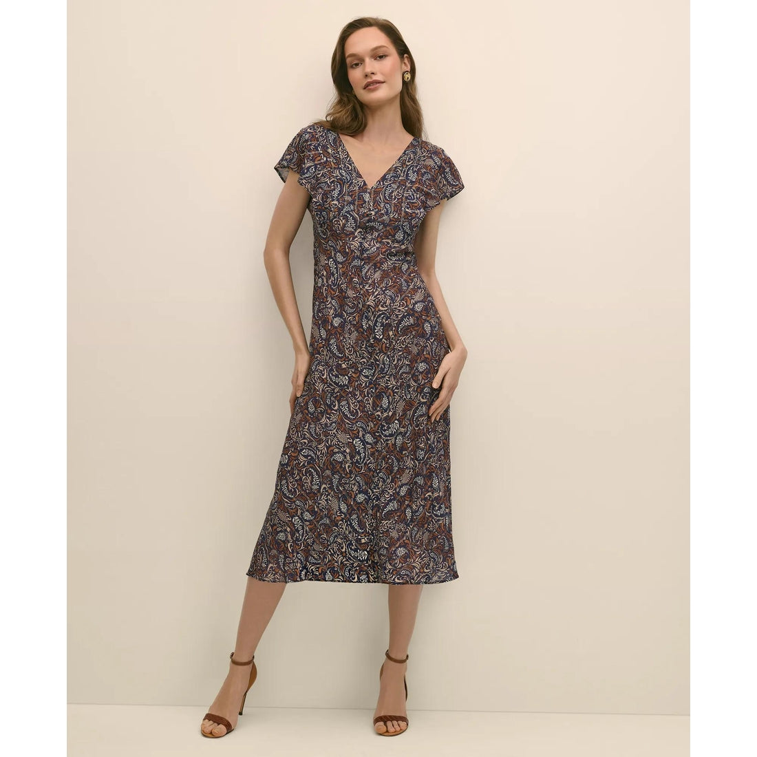 Paisley Shimmer Ruffle-Front Chevron-Stripe Dress