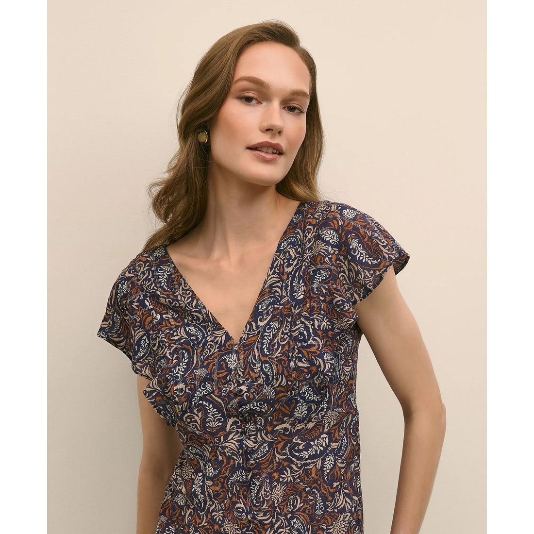 Paisley Shimmer Ruffle-Front Chevron-Stripe Dress