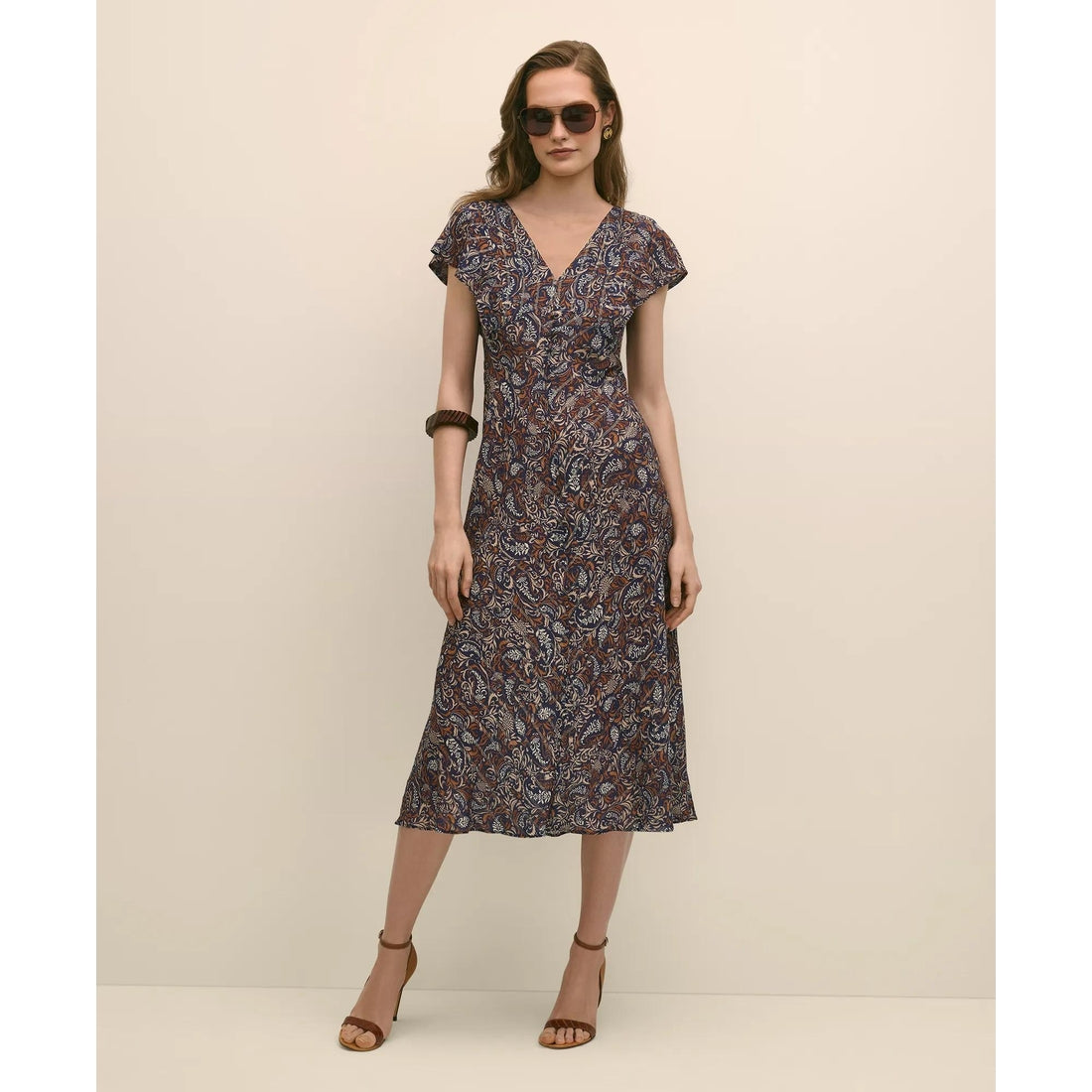 Paisley Shimmer Ruffle-Front Chevron-Stripe Dress