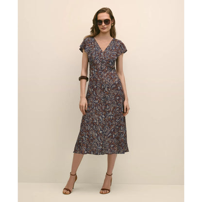 Paisley Shimmer Ruffle-Front Chevron-Stripe Dress