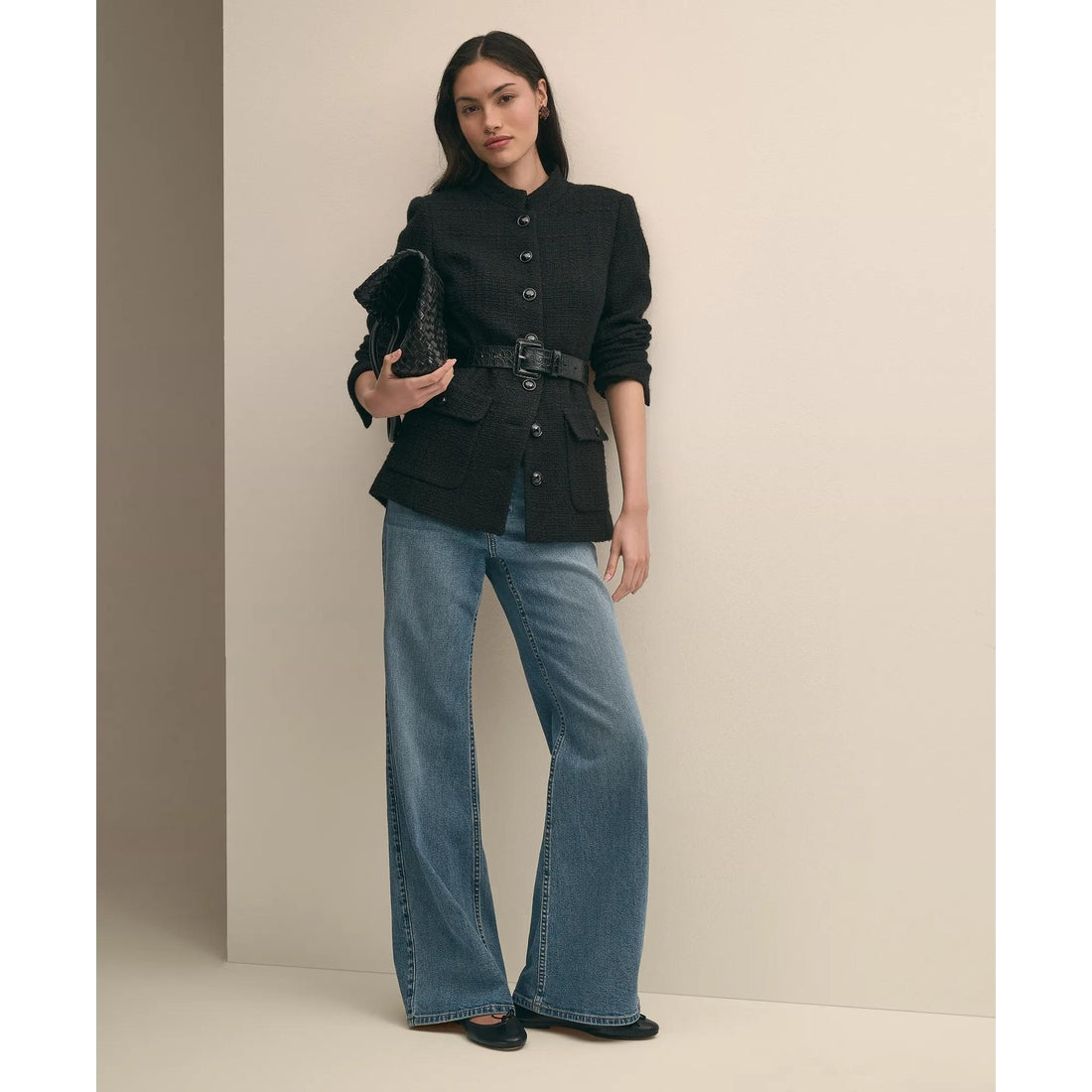 Wool-Blend Military Boucle Belted Jacket