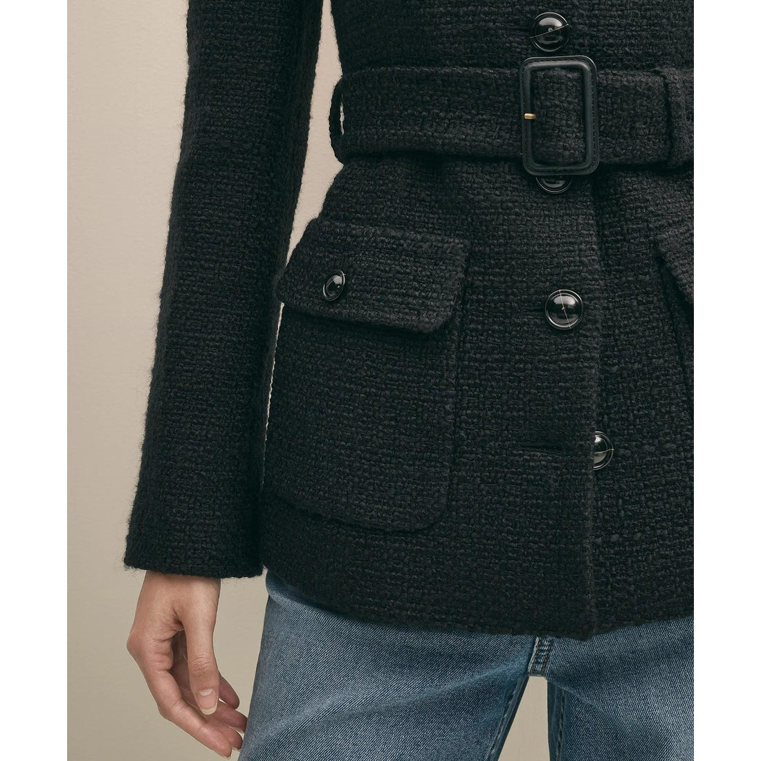 Wool-Blend Military Boucle Belted Jacket
