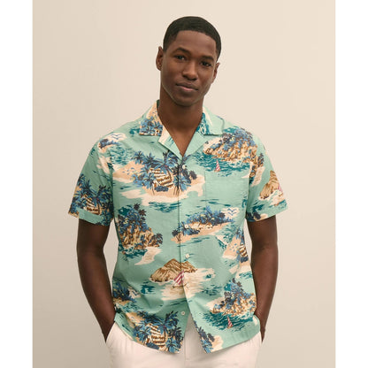 Cotton Camp Collar, Island Motif Short-Sleeve Shirt