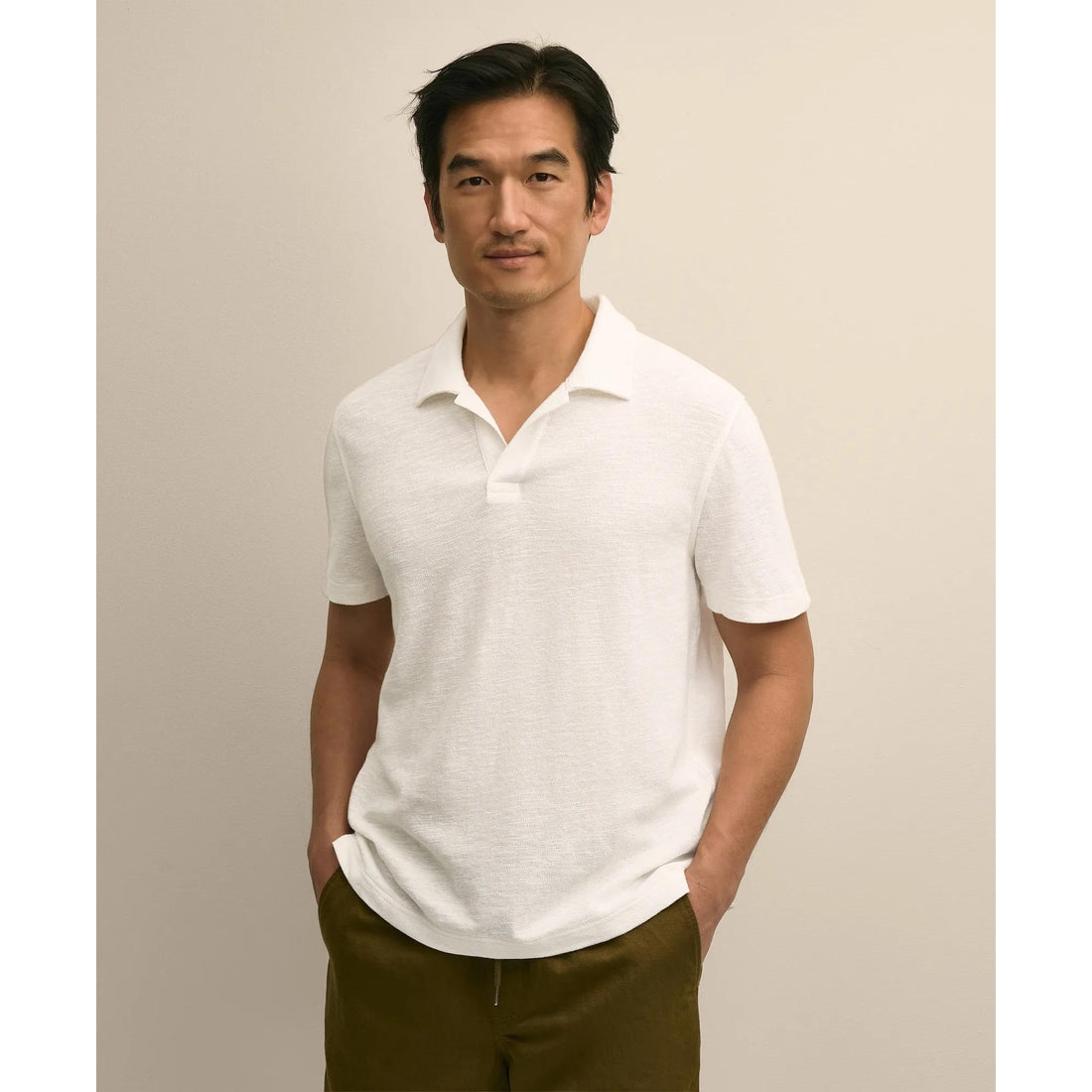 Cotton-Linen Pique Johnny Collar Shirt