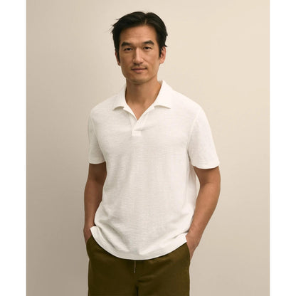 Cotton-Linen Pique Johnny Collar Shirt