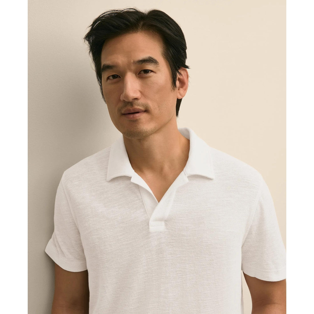 Cotton-Linen Pique Johnny Collar Shirt