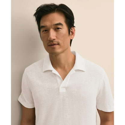 Cotton-Linen Pique Johnny Collar Shirt