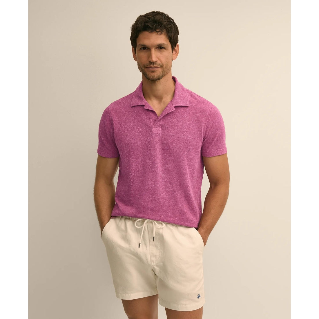 Cotton-Linen Pique Johnny Collar Shirt