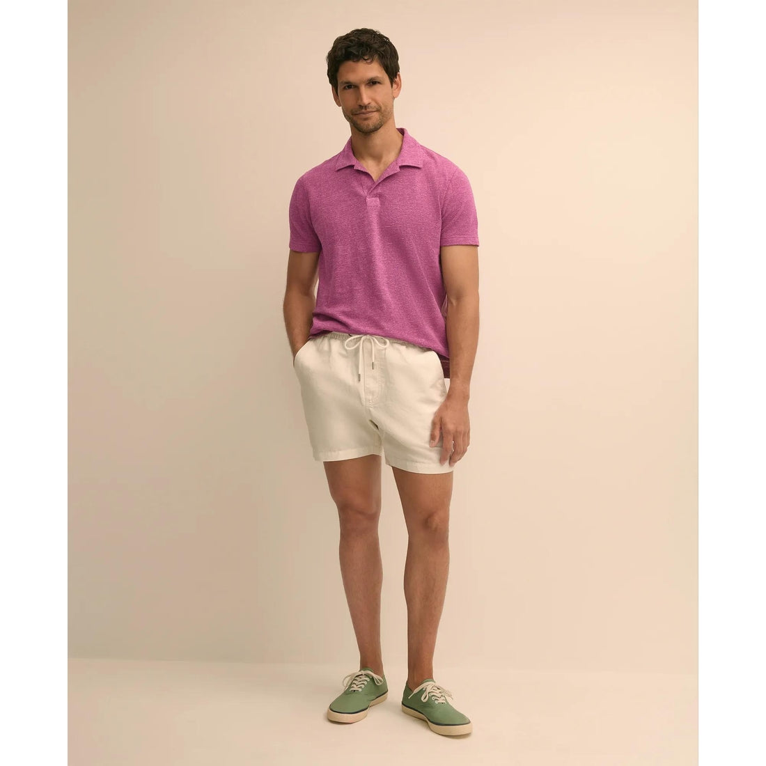 Cotton-Linen Pique Johnny Collar Shirt