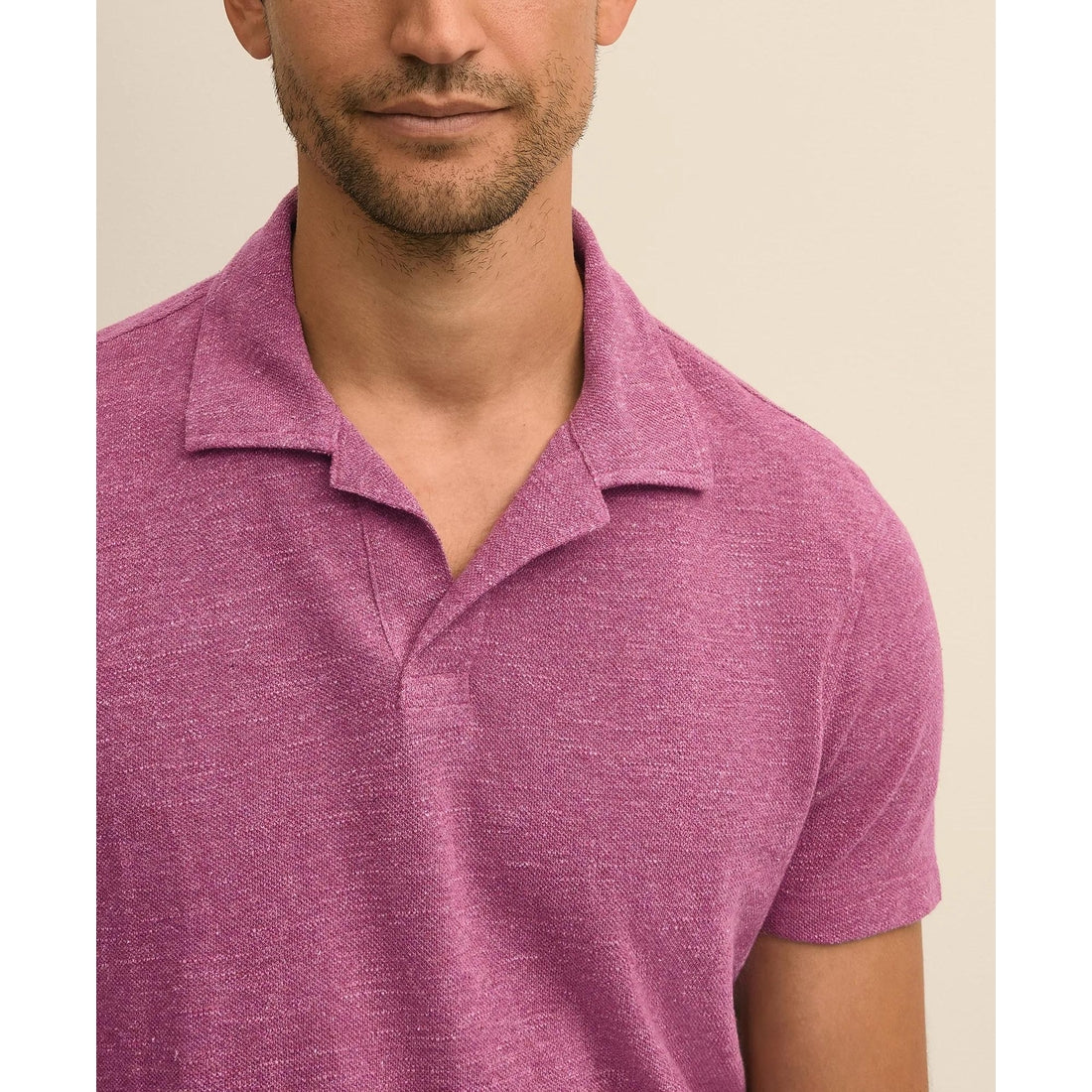 Cotton-Linen Pique Johnny Collar Shirt