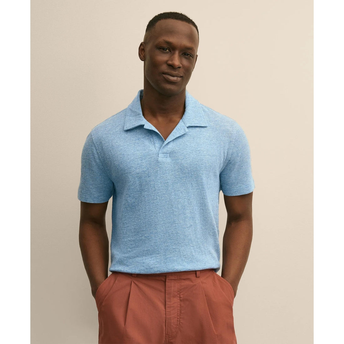 Cotton-Linen Pique Johnny Collar Shirt