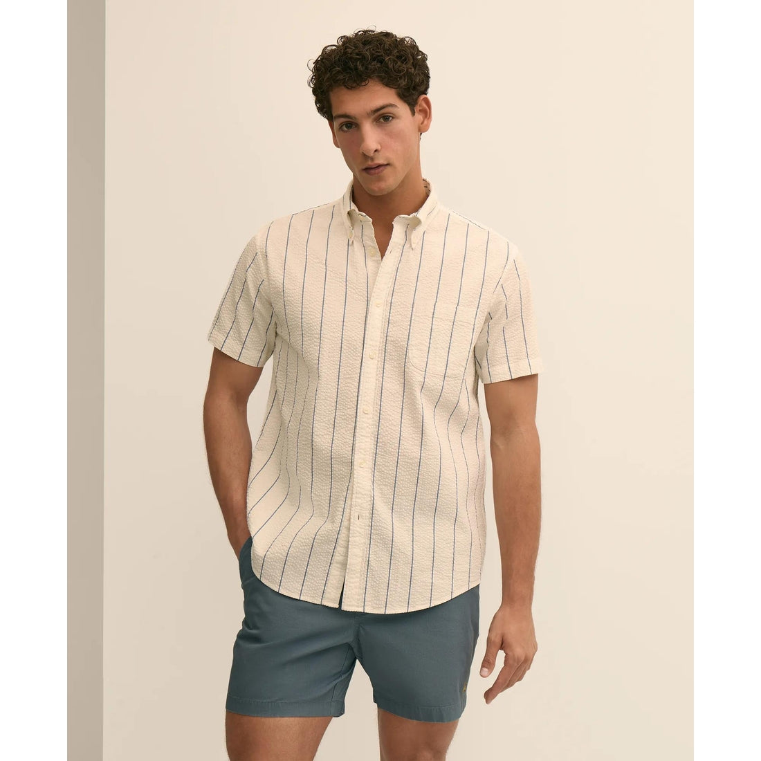 Washed Cotton Seersucker Button-Down Collar, Stripe Short-Sleeve Sport Shirt