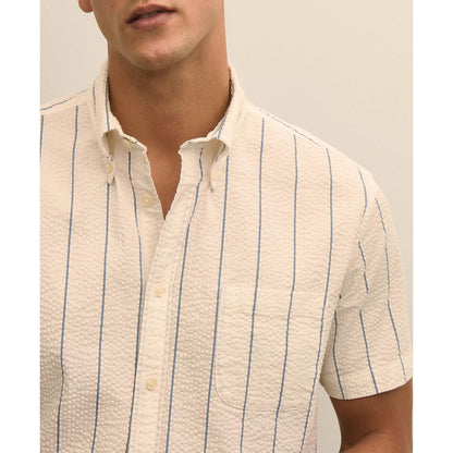 Washed Cotton Seersucker Button-Down Collar, Stripe Short-Sleeve Sport Shirt