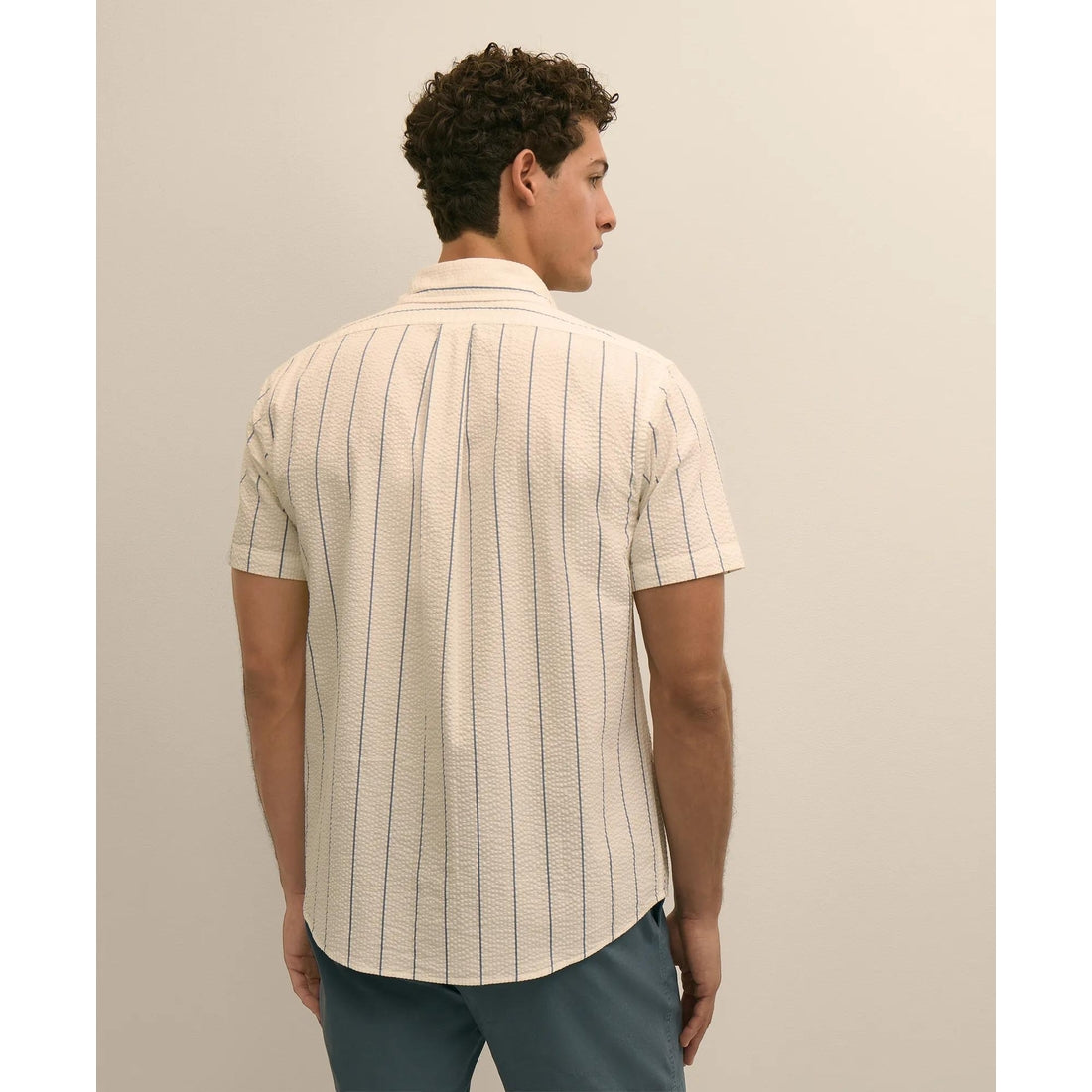 Washed Cotton Seersucker Button-Down Collar, Stripe Short-Sleeve Sport Shirt