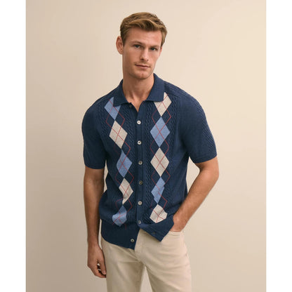 Supima Cotton Short-Sleeve Argyle Polo Cardigan