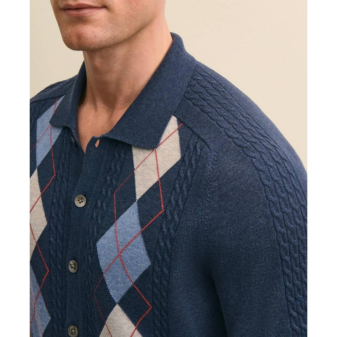 Supima Cotton Short-Sleeve Argyle Polo Cardigan