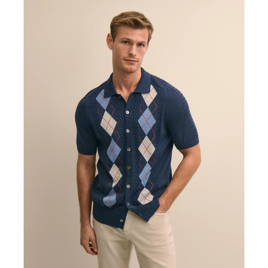 Supima Cotton Short-Sleeve Argyle Polo Cardigan