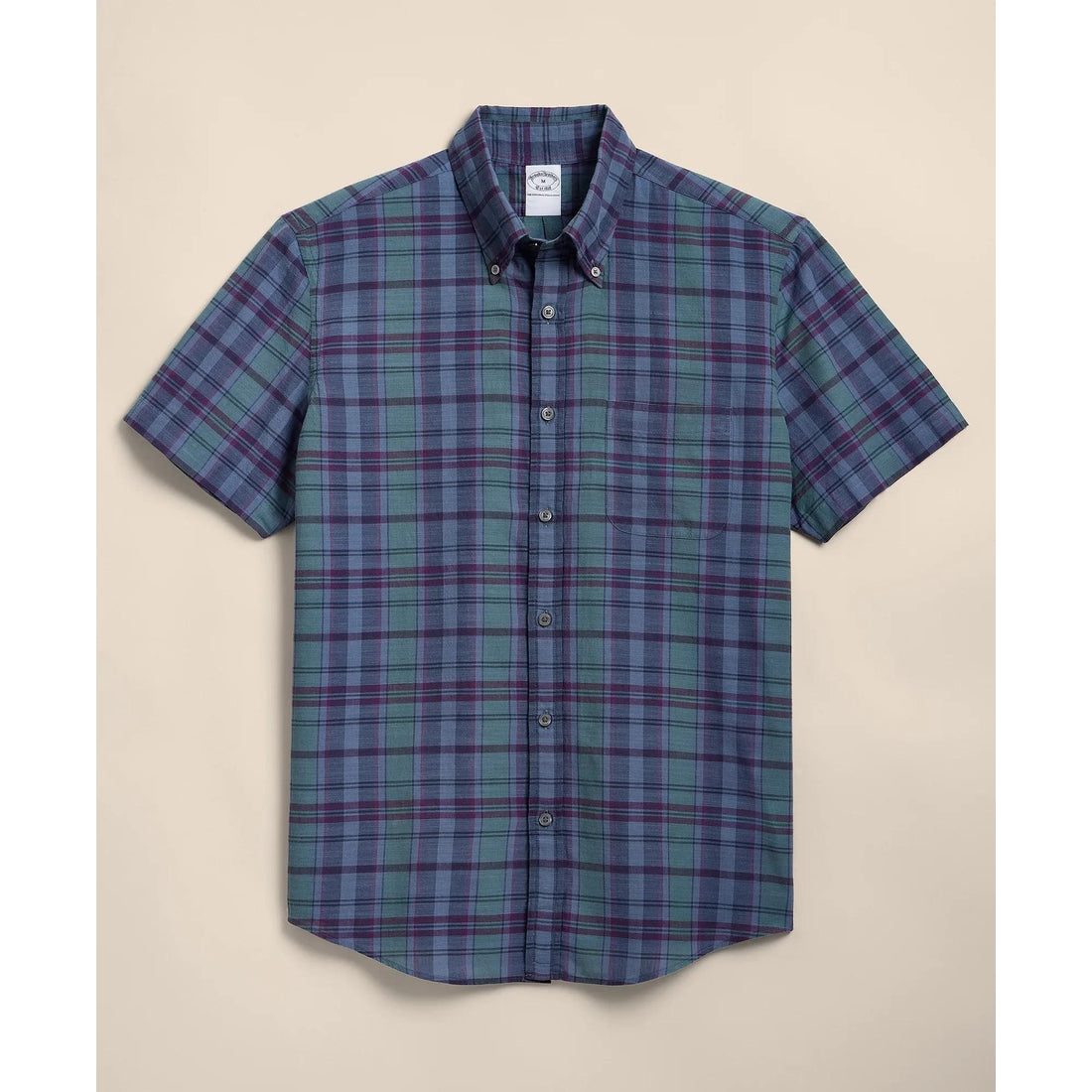 Cotton Madras Polo Button-Down Collar, Short-Sleeve Shirt