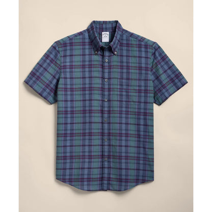 Cotton Madras Polo Button-Down Collar, Short-Sleeve Shirt