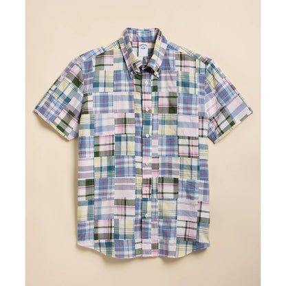 Cotton Patchwork Madras Polo Button-Down Collar, Short-Sleeve Shirt
