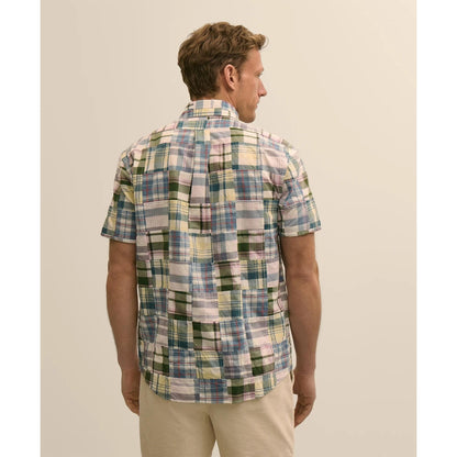 Cotton Patchwork Madras Polo Button-Down Collar, Short-Sleeve Shirt