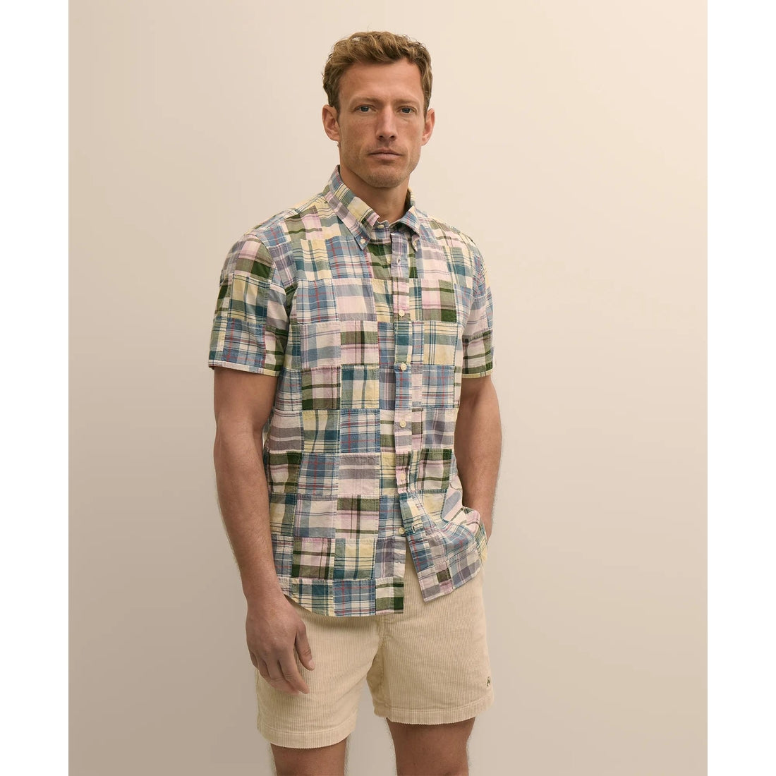 Cotton Patchwork Madras Polo Button-Down Collar, Short-Sleeve Shirt