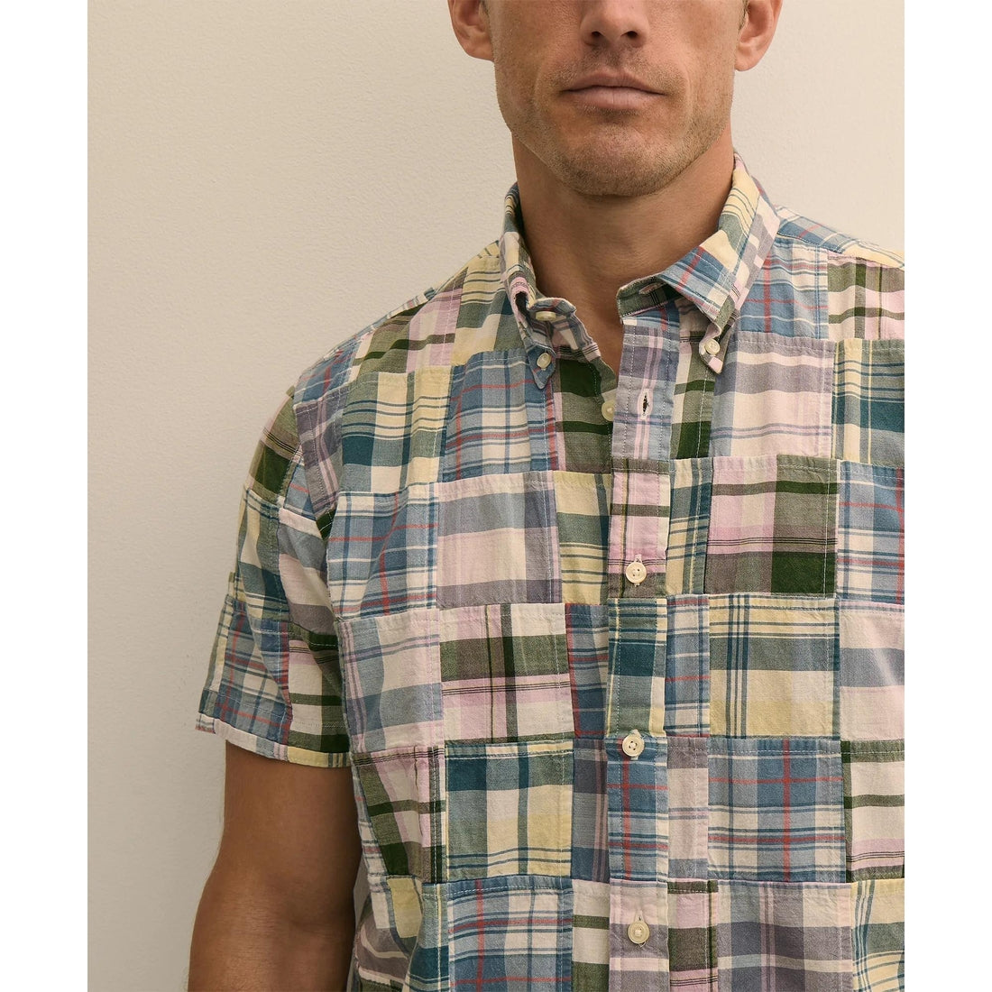 Cotton Patchwork Madras Polo Button-Down Collar, Short-Sleeve Shirt