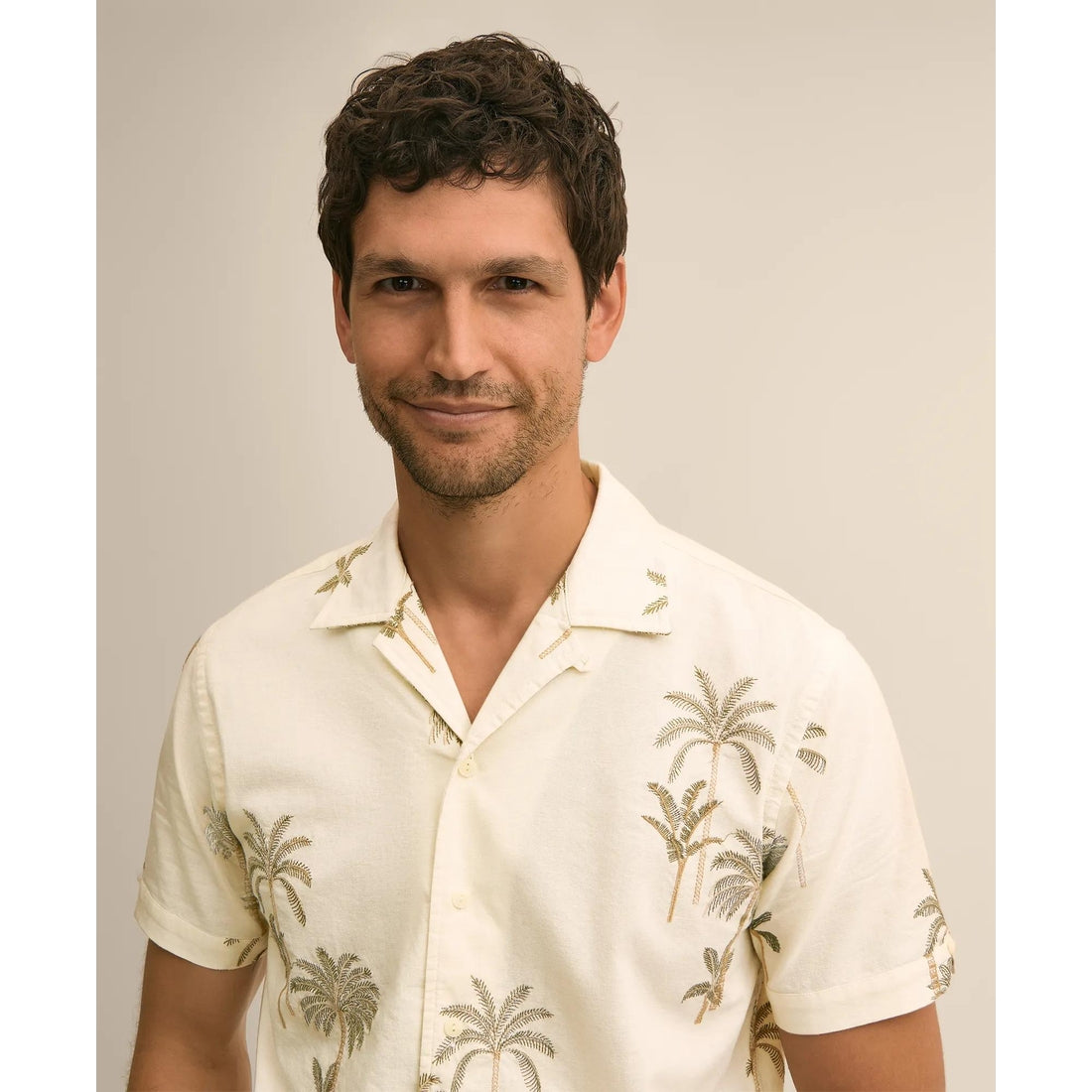 Cotton-Linen Camp Collar, Palm Tree Short-Sleeve Shirt