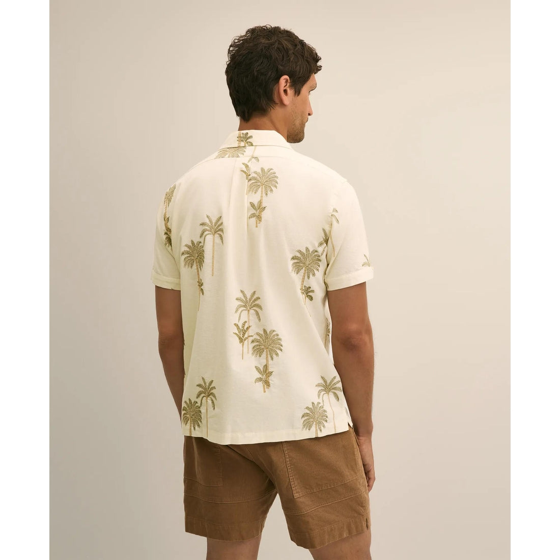 Cotton-Linen Camp Collar, Palm Tree Short-Sleeve Shirt